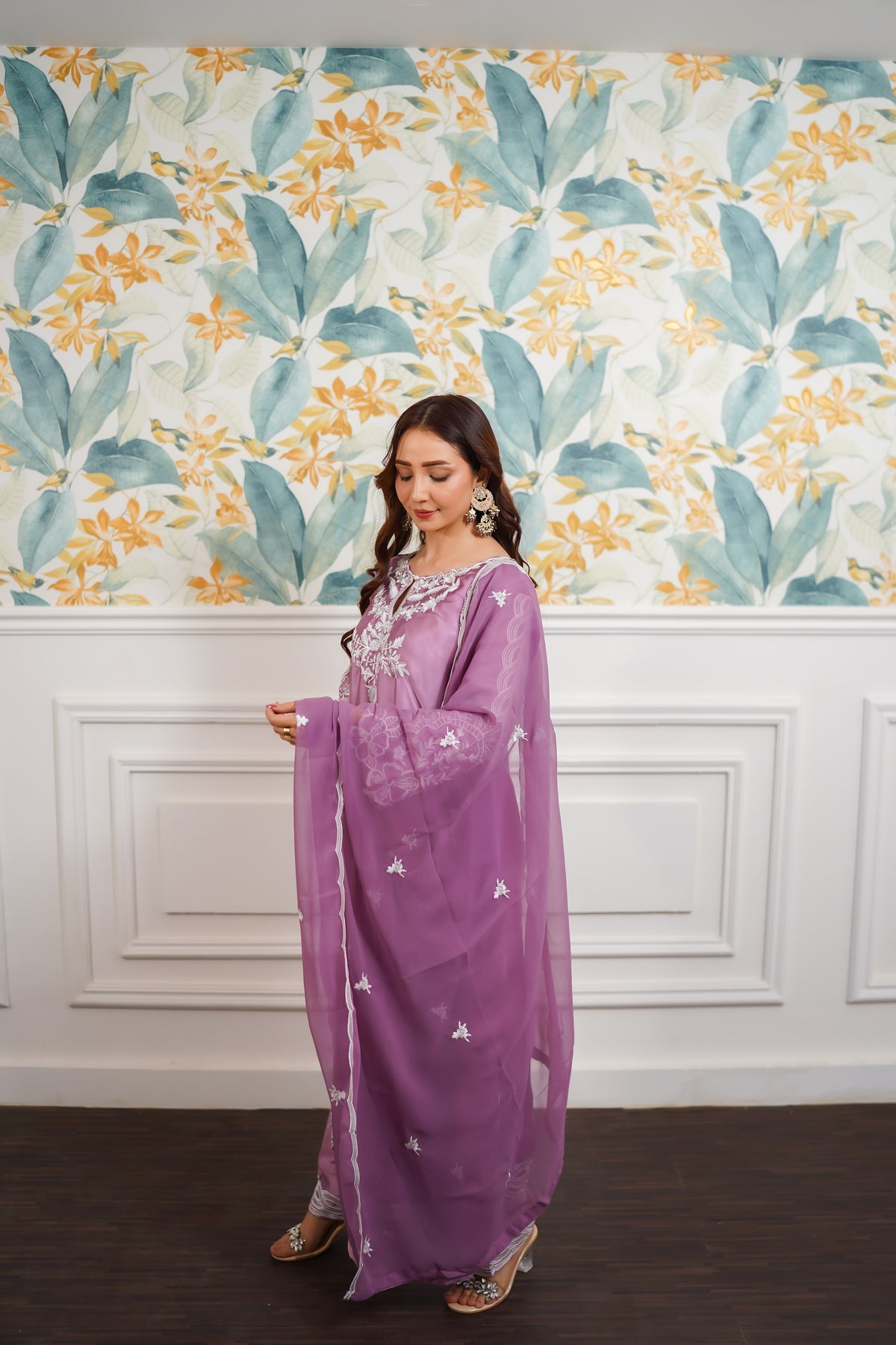 Mauve White Embroidered Suit with Flowing Dupatta