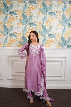 Mauve White Embroidered Suit with Flowing Dupatta