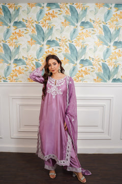 Mauve White Embroidered Suit with Flowing Dupatta