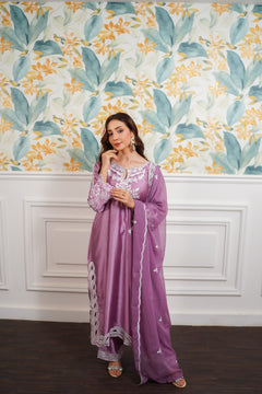 Mauve White Embroidered Suit with Flowing Dupatta