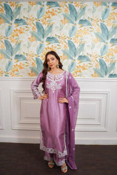 Mauve White Embroidered Suit with Flowing Dupatta