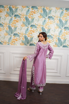 Mauve White Embroidered Suit with Flowing Dupatta