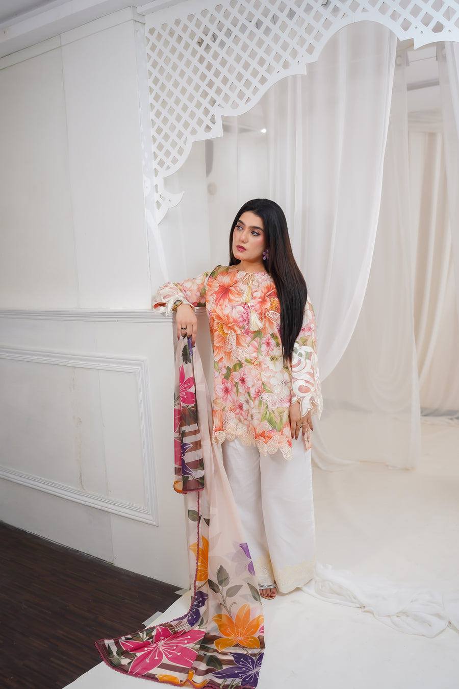 Peach Floral 3-Piece Suit with White Trousers