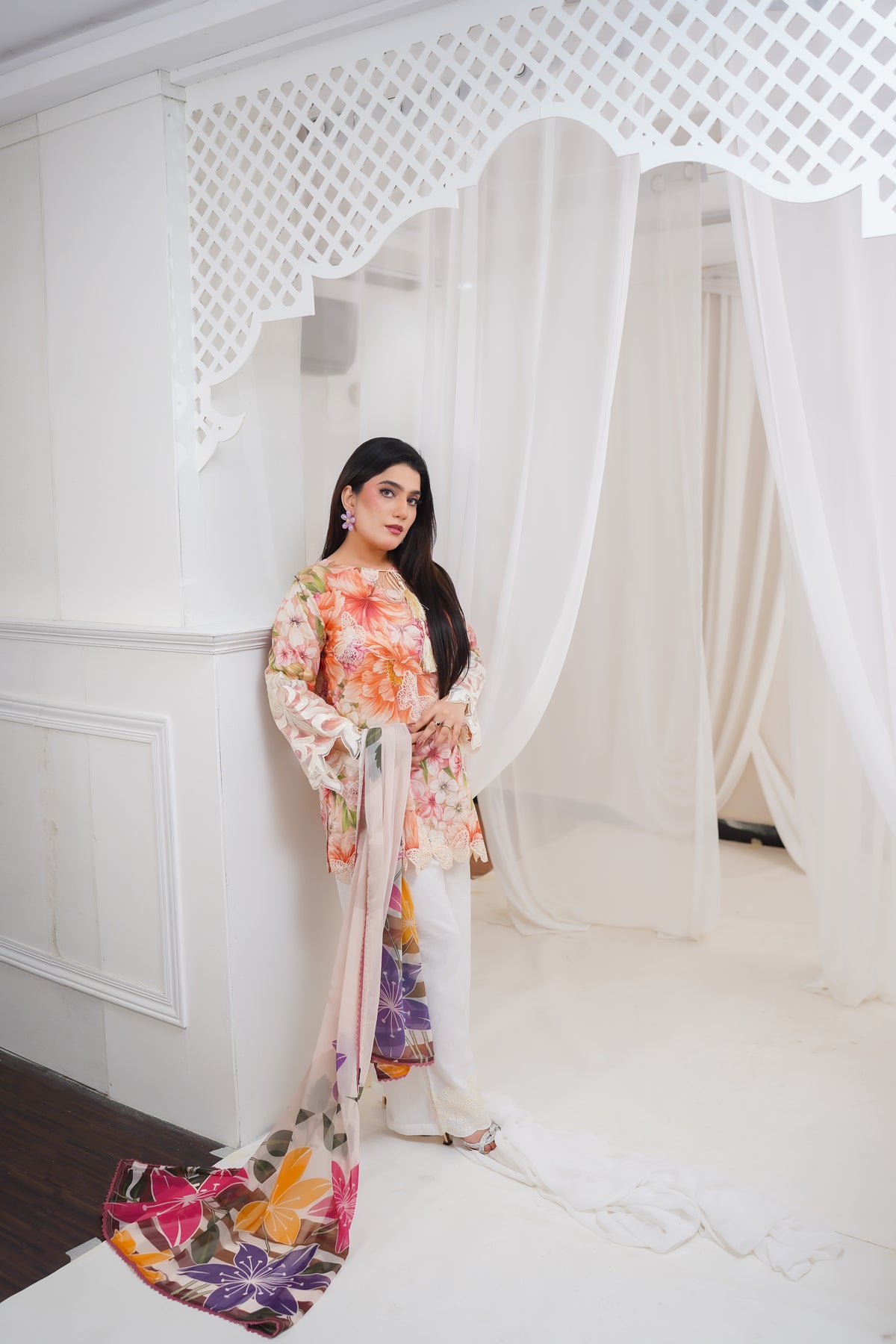 Peach Floral 3-Piece Suit with White Trousers