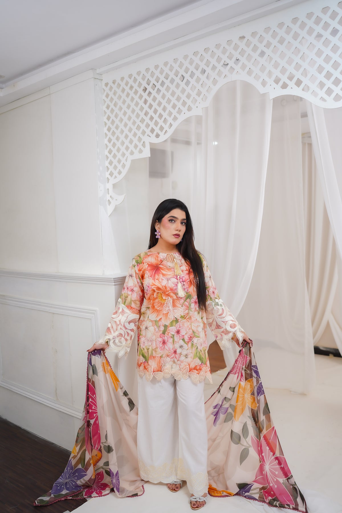 Peach Floral 3-Piece Suit with White Trousers