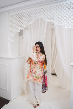 Peach Floral 3-Piece Suit with White Trousers
