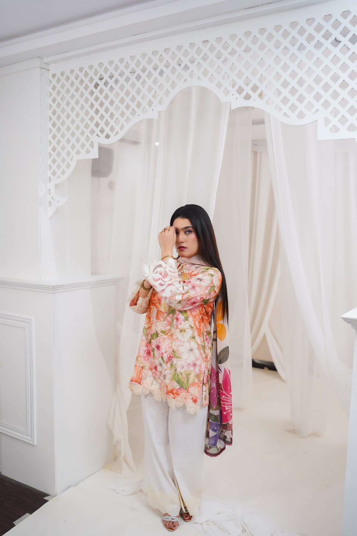 Peach Floral 3-Piece Suit with White Trousers