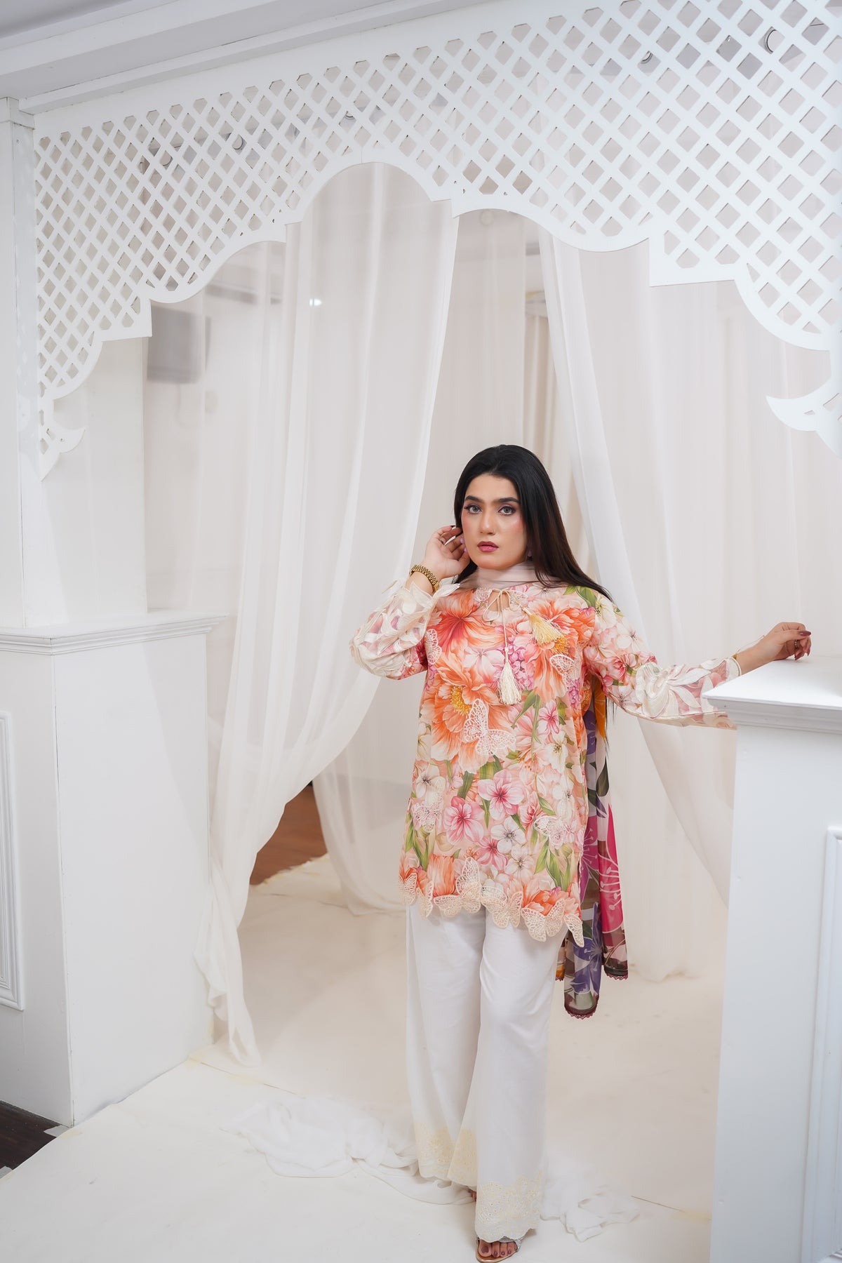 Peach Floral 3-Piece Suit with White Trousers