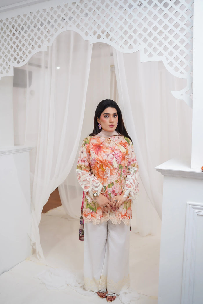 Peach Floral 3-Piece Suit with White Trousers