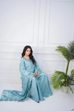 Ice Blue Embroidered 3-Piece