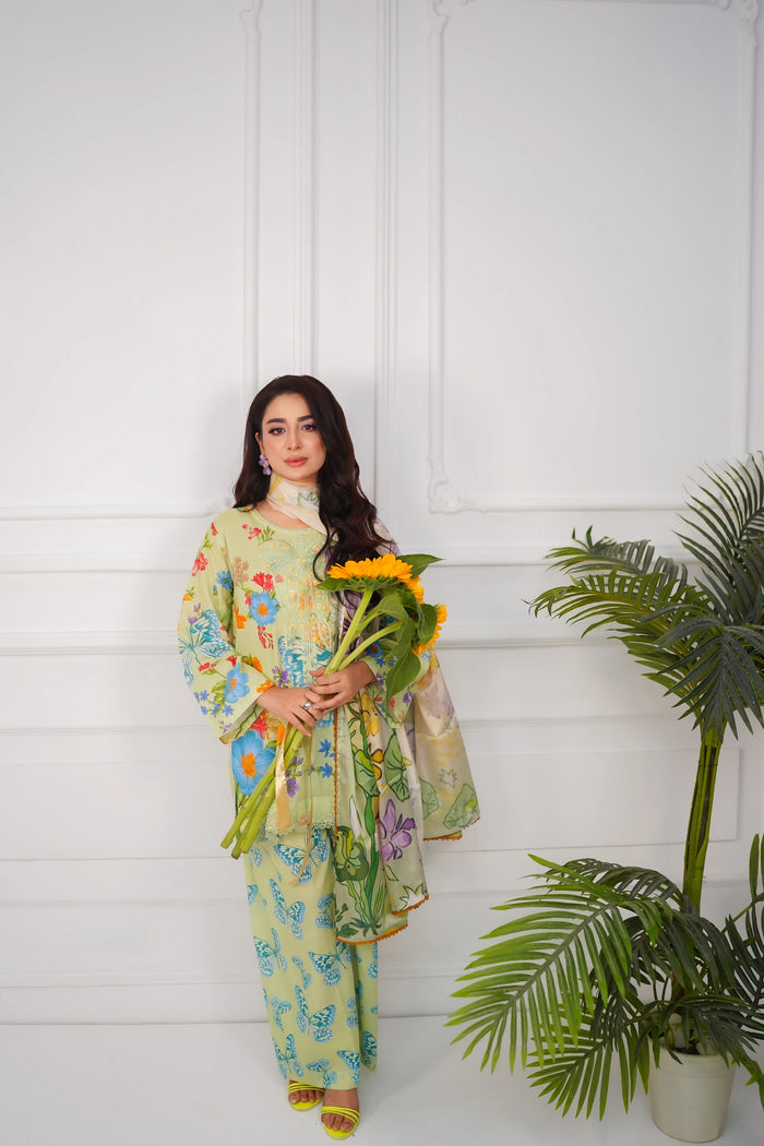 Khatoon Pastel Green Floral & Butterfly Printed 3-Piece Lawn Suit
