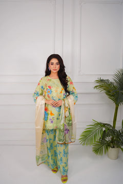 Khatoon Pastel Green Floral & Butterfly Printed 3-Piece Lawn Suit