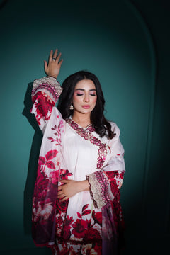 Ivory Burgundy Floral 3-Piece Lawn Suit