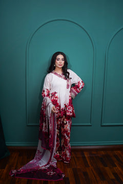 Ivory Burgundy Floral 3-Piece Lawn Suit