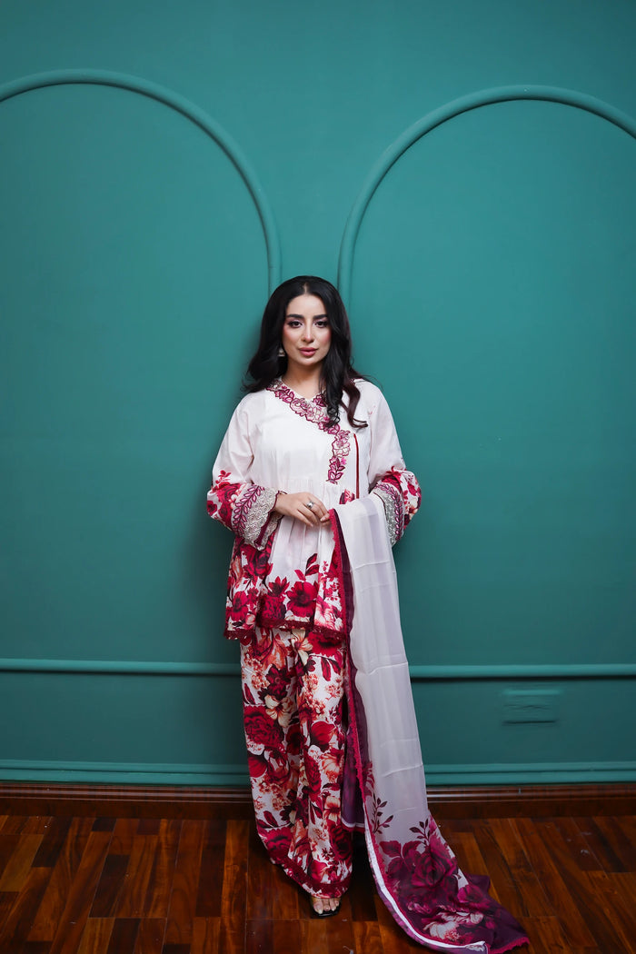 Ivory Burgundy Floral 3-Piece Lawn Suit