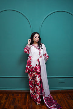 Ivory Burgundy Floral 3-Piece Lawn Suit