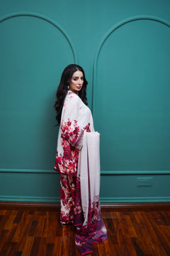 Ivory Burgundy Floral 3-Piece Lawn Suit